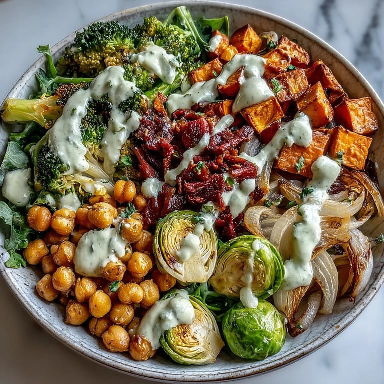 Colorful bowl of roasted sweet potatoes, Brussels sprouts, broccoli, and crispy chickpeas, topped with a luscious maple Dijon tahini dressing for a nourishing and satisfying vegan dinner.