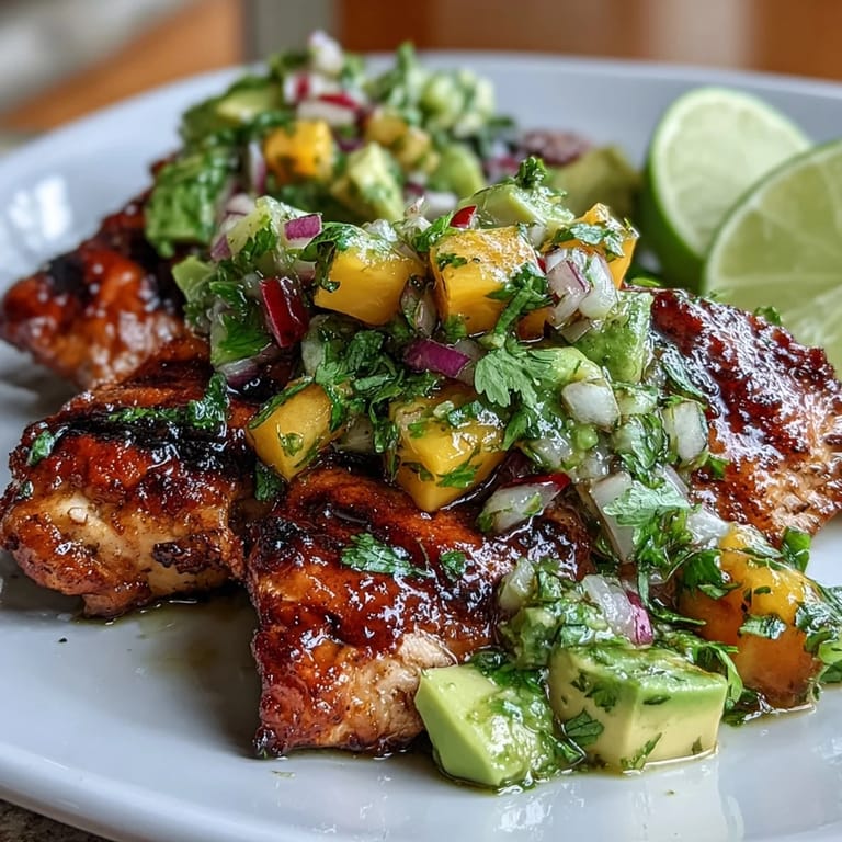 Juicy grilled chicken breasts topped with fresh mango avocado salsa, zesty lime and colorful bell peppers for a summer meal.