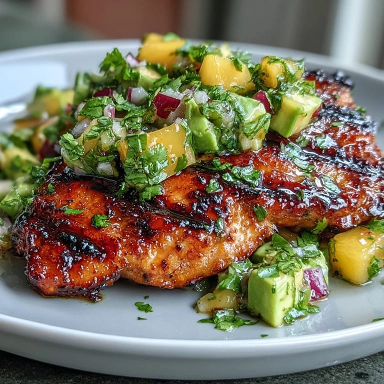 Tender grilled chicken paired with creamy avocado and sweet mango salsa, garnished with cilantro and red onion for a bright finish.