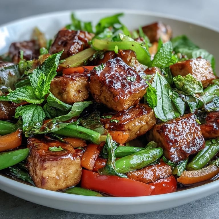 Fragrant Thai basil tofu stir-fry loaded with seared tofu, fresh veggies, and aromatic basil, served over jasmine rice.