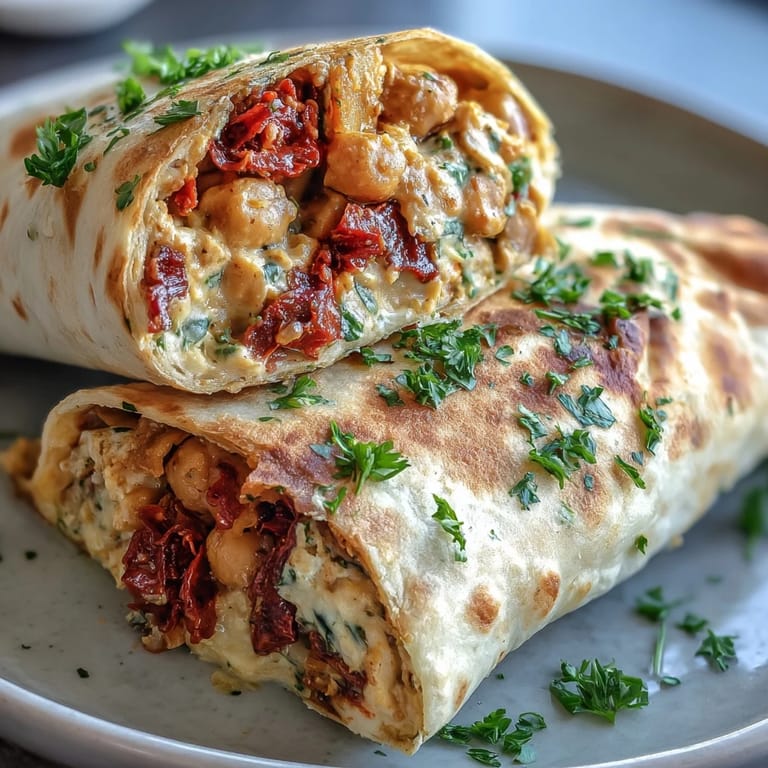 Vibrant vegan wraps featuring creamy chickpea salad with sun-dried tomatoes, crisp greens, and colorful veggies, ideal for quick nutritious meals.