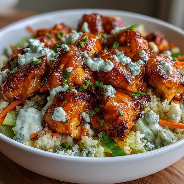 Tender buffalo chicken and fluffy cauliflower rice combine with fresh vegetables and blue cheese for a hearty, spicy keto dinner bowl.