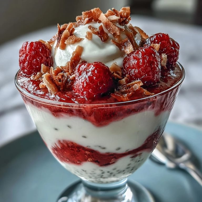 Colorful raspberry coconut chia pudding parfaits topped with coconut flakes and pistachios, a refreshing vegan treat.