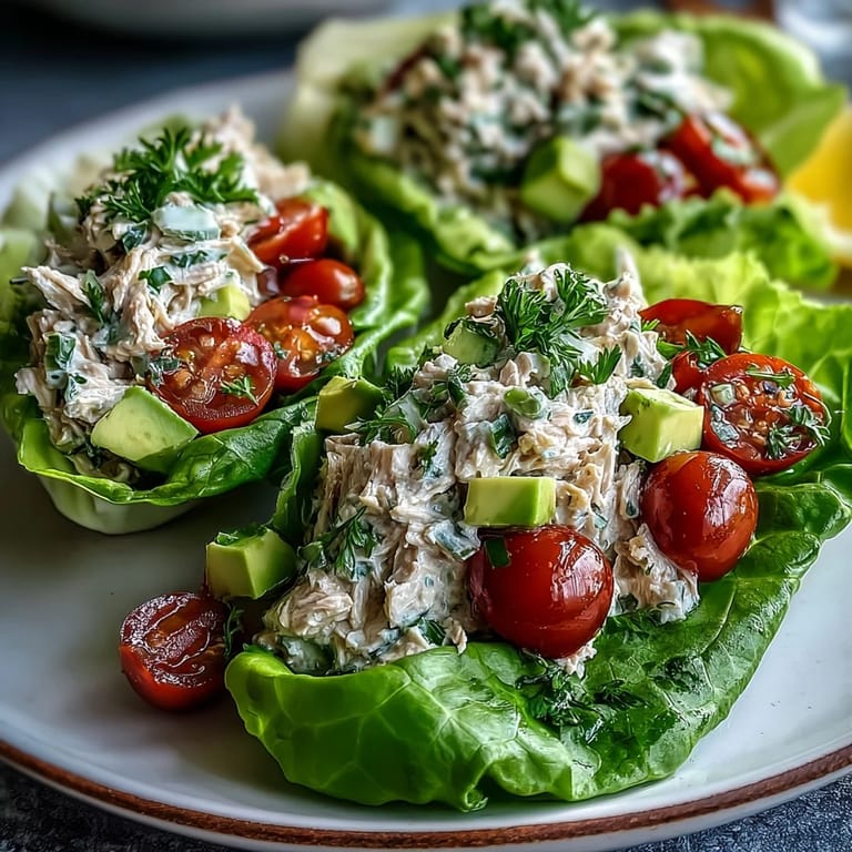 Creamy tuna salad with Greek yogurt and Dijon mustard spooned into fresh lettuce cups, garnished with colorful vegetables.  