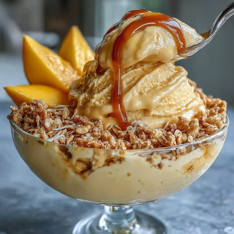 Refreshing vegan frozen treat with luscious mango, rich coconut milk, and golden toasted oats topping.