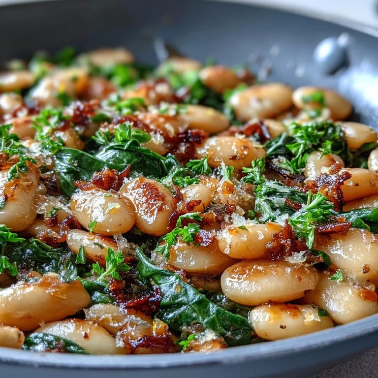 Vibrant Vegan Lemon Garlic White Bean Skillet with Spinach, showcasing bright lemon aroma and fresh parsley garnish over tender beans.