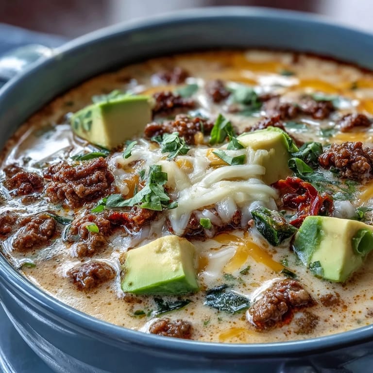 Rich and creamy low-carb taco soup packed with bold spices, ground beef, and topped with avocado and cheddar.  