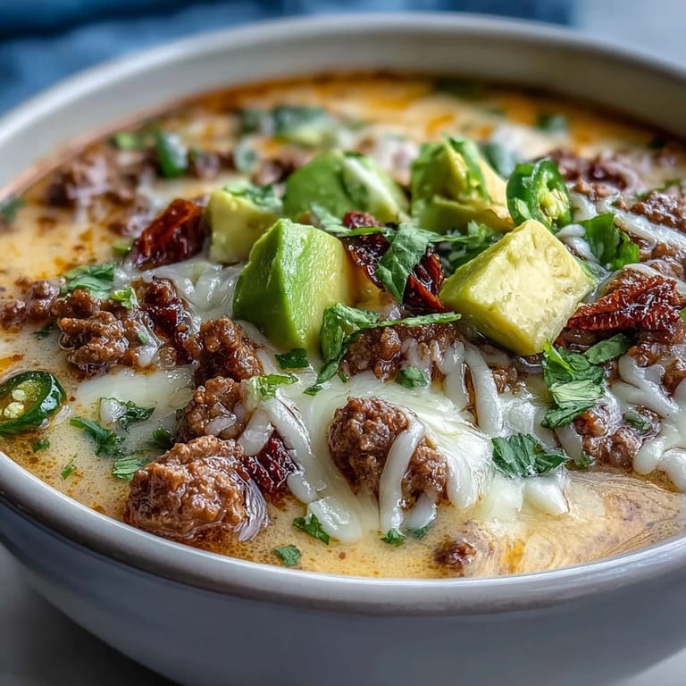 Hearty keto-friendly taco soup featuring savory ground beef, melty cheese, and vibrant avocado for a satisfying meal.