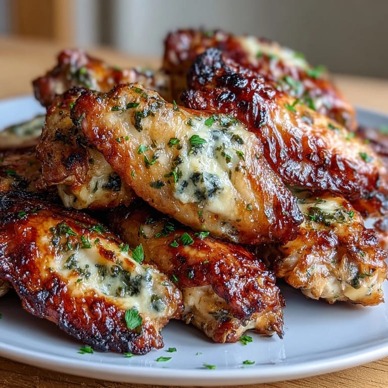 Crispy baked wings smothered in garlicky Parmesan butter, served alongside crisp celery and creamy ranch dressing, making a flavorful, keto-friendly dish perfect for any occasion.