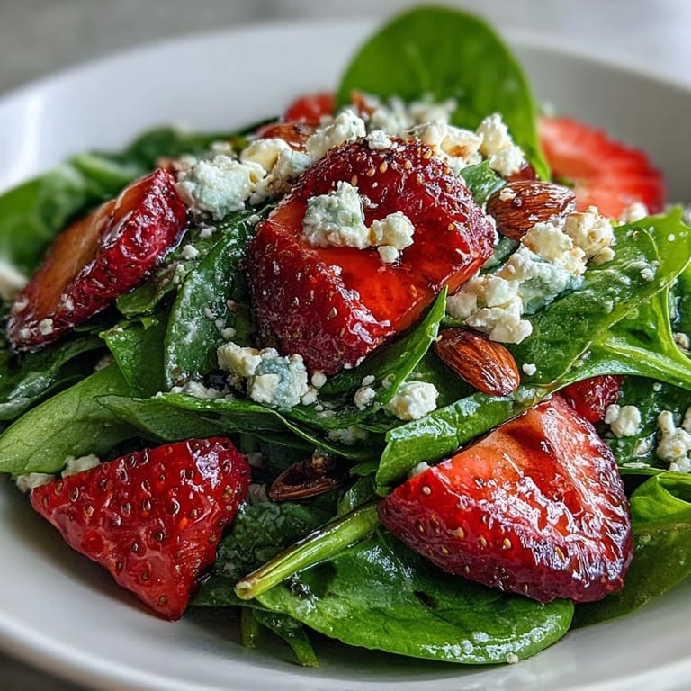 Colorful strawberry spinach salad topped with creamy feta and golden toasted almonds for a refreshing vegetarian meal.  