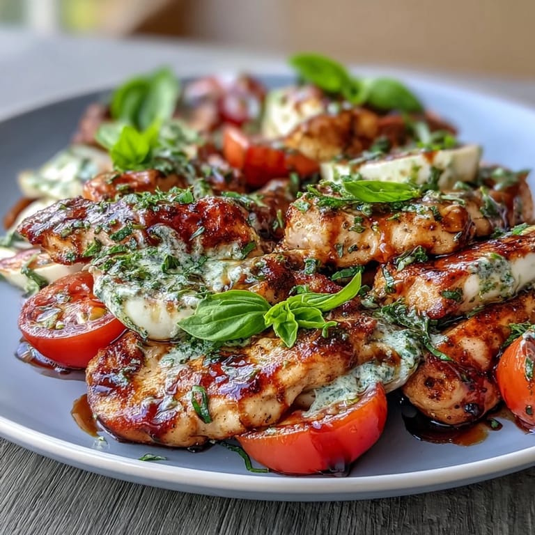 Colorful Grilled Chicken Caprese Salad arranged with vibrant tomatoes, soft mozzarella, and aromatic basil, finished with rich balsamic glaze.