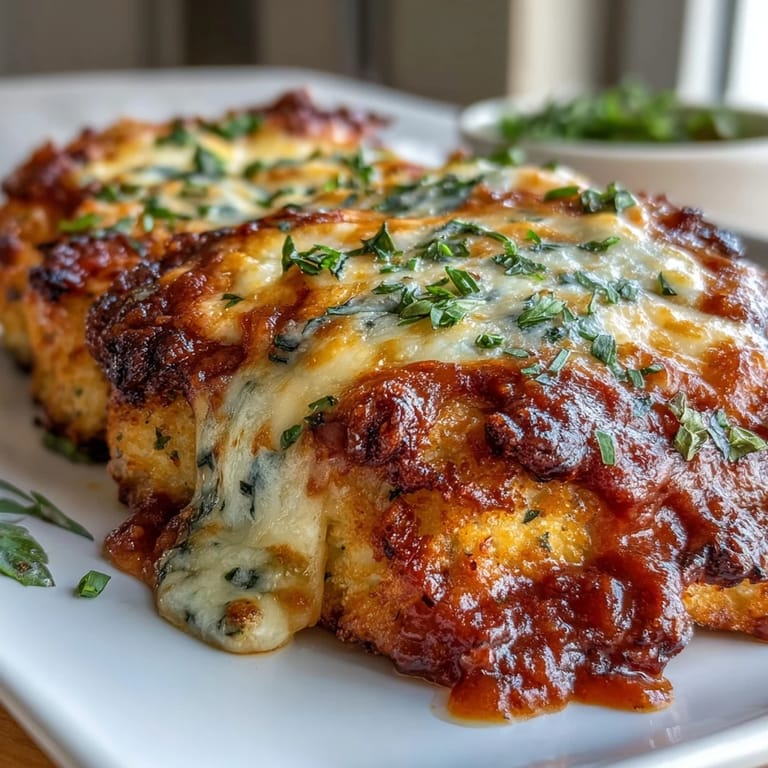 Lightened-up chicken Parmesan with almond flour crust, served over sautéed zucchini noodles and garnished with fresh basil.  