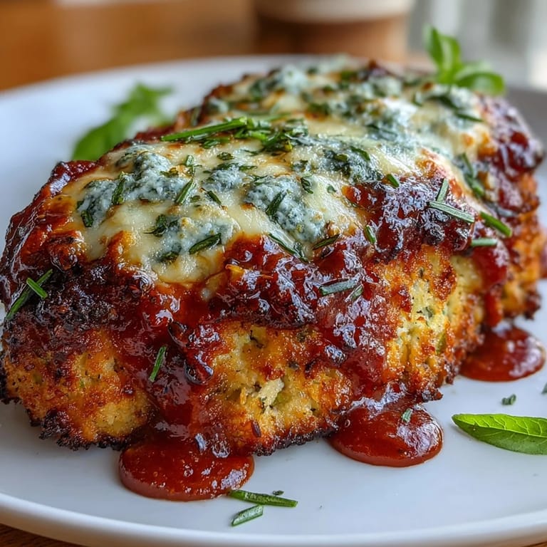 Baked chicken Parmesan over zucchini noodles, a low-carb twist on the Italian classic, topped with marinara and bubbly mozzarella.