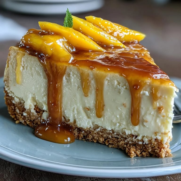 A luscious cheesecake infused with vibrant mango puree, baked on a crisp biscuit crust and finished with a smooth mango glaze.  