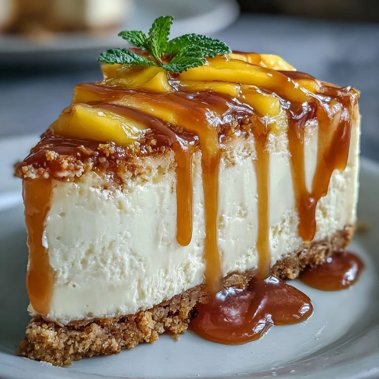 Tropical mango cheesecake featuring rich cream cheese filling, a golden biscuit base, and a vibrant mango coulis for a refreshing dessert.