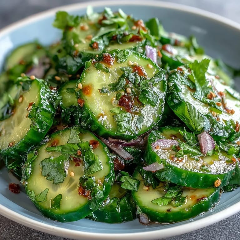 Crunchy cucumber slices tossed in zesty lime dressing with a kick of chili flakes.