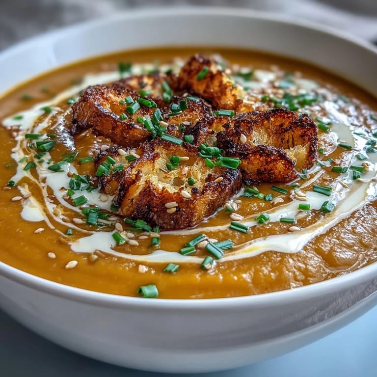 Creamy roasted butternut squash blended with savory miso paste, served in a rustic bowl with a swirl of sour cream and fresh chives.  