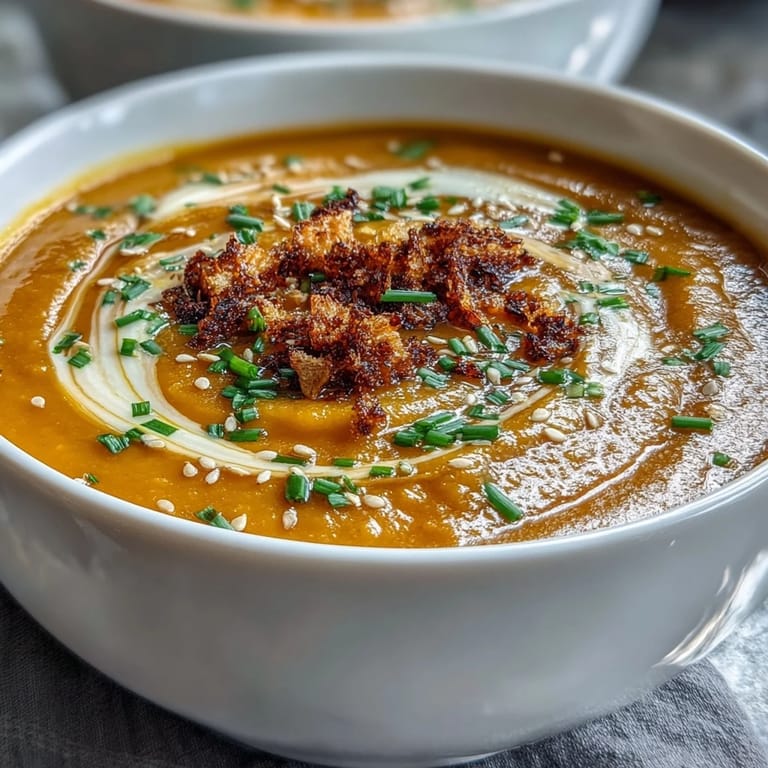 Velvety miso butternut squash soup, topped with toasted sesame seeds and a drizzle of olive oil, perfect for a cozy vegetarian meal.