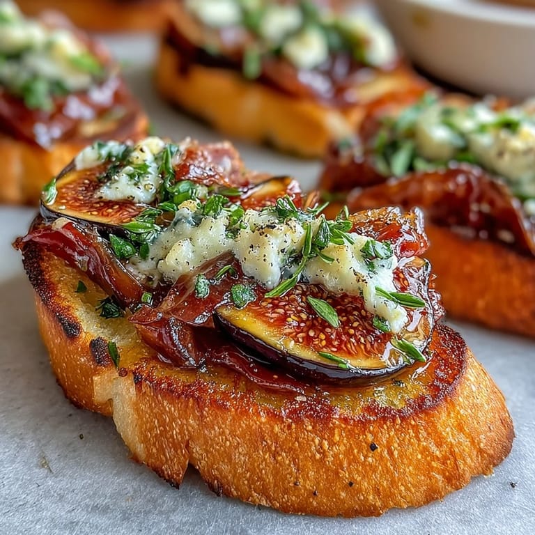 Elegant crostini appetizer topped with thin prosciutto slices and juicy fig wedges, garnished with fresh thyme for a burst of flavor.