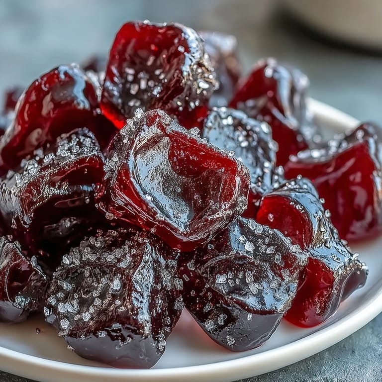 Close-up of Black Currant & Licorice Chewy Candy squares tossed in cornstarch coating, highlighting their chewy, nostalgic European confection style.