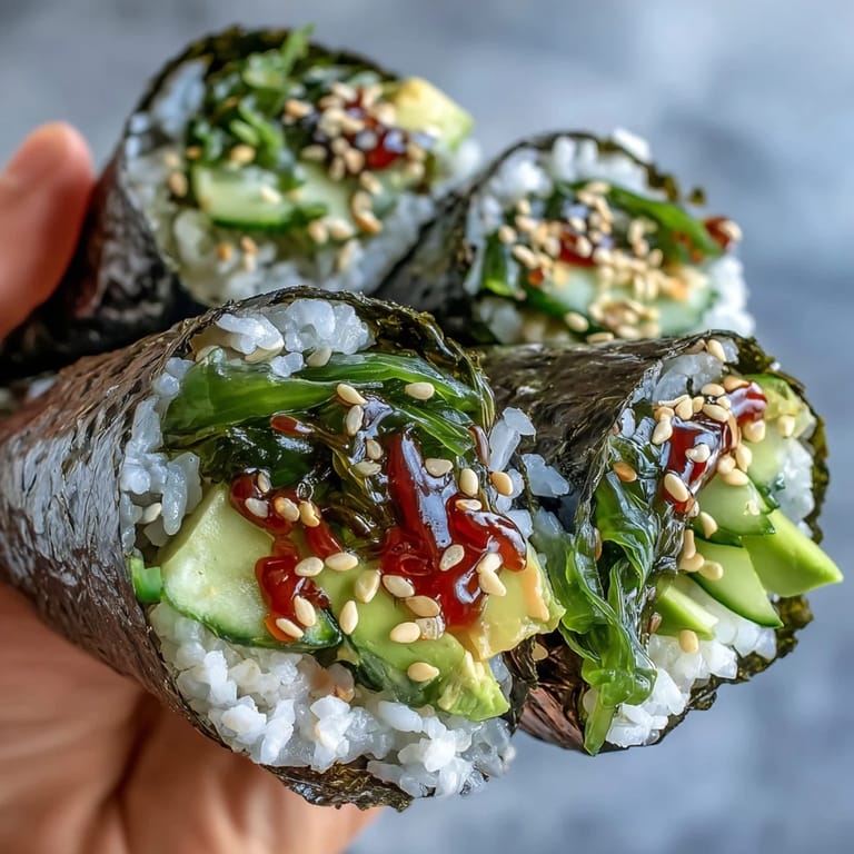Colorful nori cones filled with tangy seaweed salad, creamy avocado, and crunchy cucumber, drizzled with spicy mayo for a fresh bite.