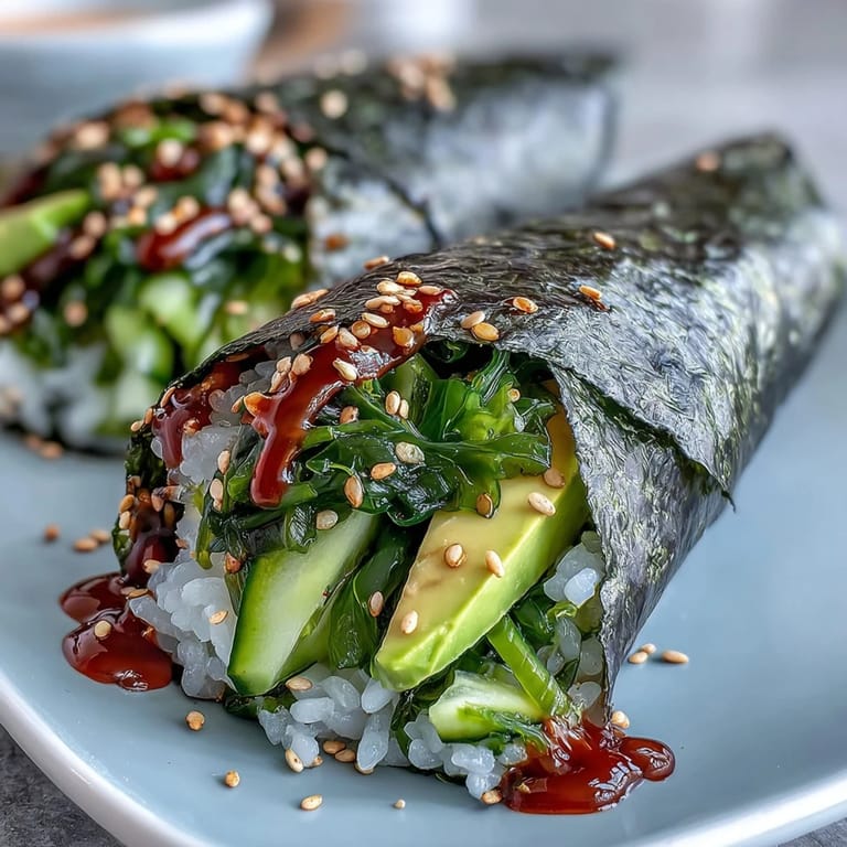 Elegant sushi hand rolls featuring seasoned rice, savory seaweed salad, and fresh vegetables, ideal for a vibrant and nutritious meal.