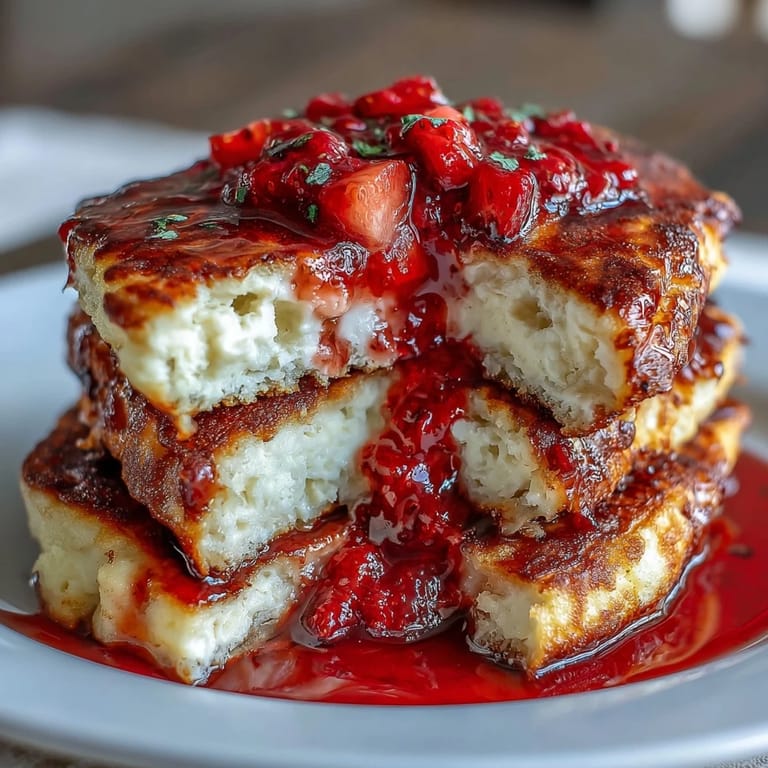 Wholesome cottage cheese pancakes paired with luscious homemade strawberry syrup for a flavorful morning treat.