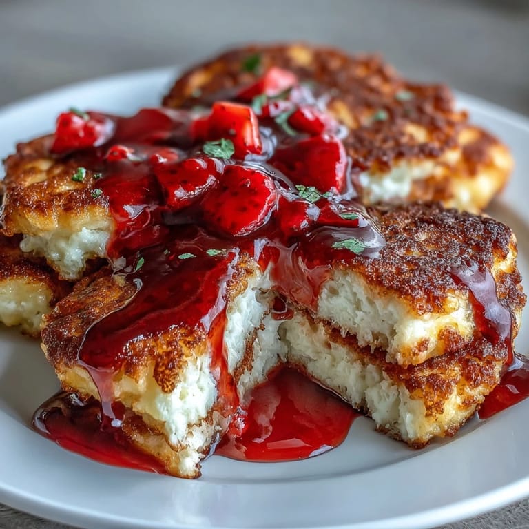 Golden pancakes made with cottage cheese served with fresh, sweet strawberry syrup for a delightful brunch.