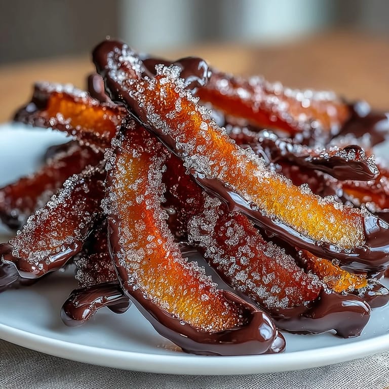 Hand-dipped candied orange peel in glossy dark chocolate, offering a delightful balance of citrus tang and deep cocoa richness—ideal for dessert platters.