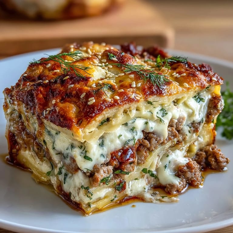 Flavorful layers of pork, cabbage, and dumpling wrappers baked with savory sauce and melted mozzarella cheese.  