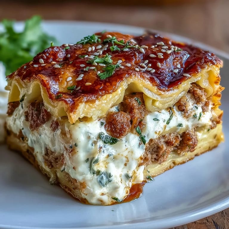 Asian-inspired dumpling lasagna bake featuring juicy pork, tender cabbage, and cheesy dumpling wrapper layers in a baking dish.