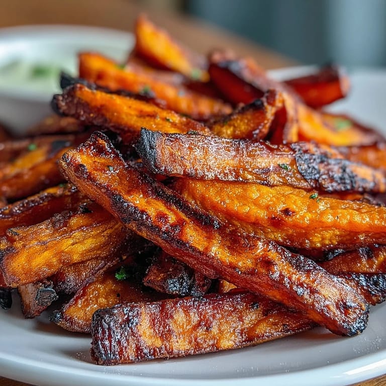 Golden sweet potato fries air-fried to perfection, served alongside tangy onion dip for a flavorful vegetarian appetizer.