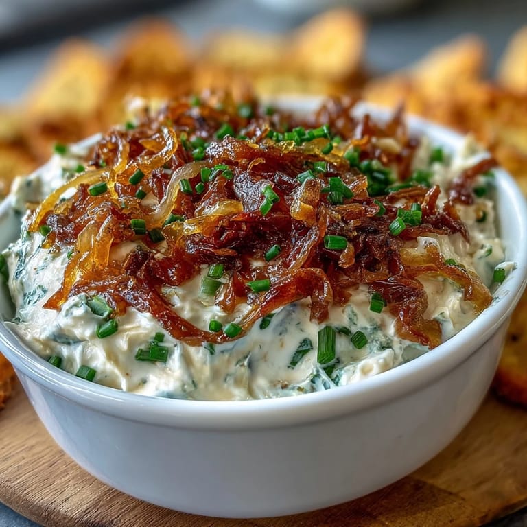 Rich and savory caramelized onion dip blended with tangy sour cream and fresh chives, perfect for dipping chips or crudités.