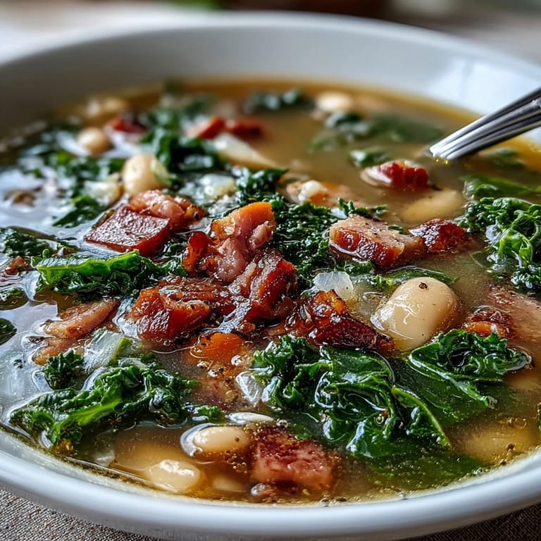 Warm bowl of Ham and Kale White Bean Soup, featuring rich broth, leafy greens, and satisfying protein-rich ingredients.