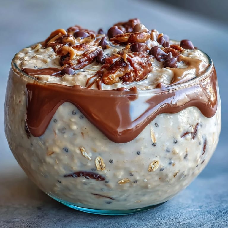 Velvety overnight oats topped with fresh banana slices, a peanut butter drizzle, and extra chocolate chips for a decadent breakfast.