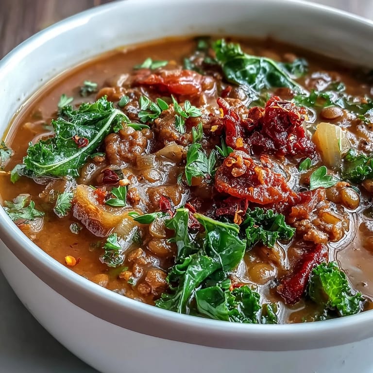 Hearty spicy sausage and lentil soup with kale, showcasing browned sausage, earthy lentils, and wilted greens simmering in a fragrant, smoky tomato base.