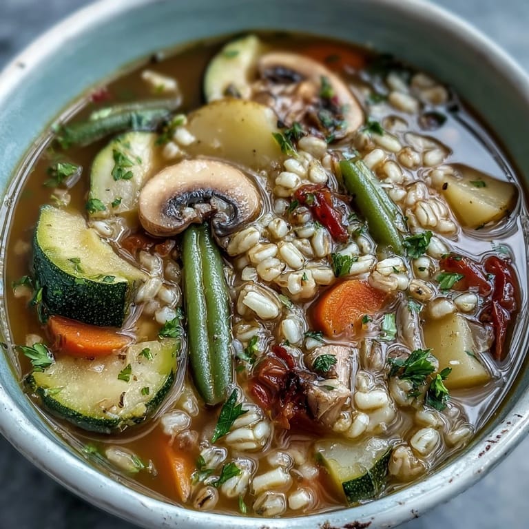Close-up of rustic vegetable barley soup with mushrooms, featuring colorful vegetables, chewy barley, and a sprinkle of fresh parsley for a comforting meal.