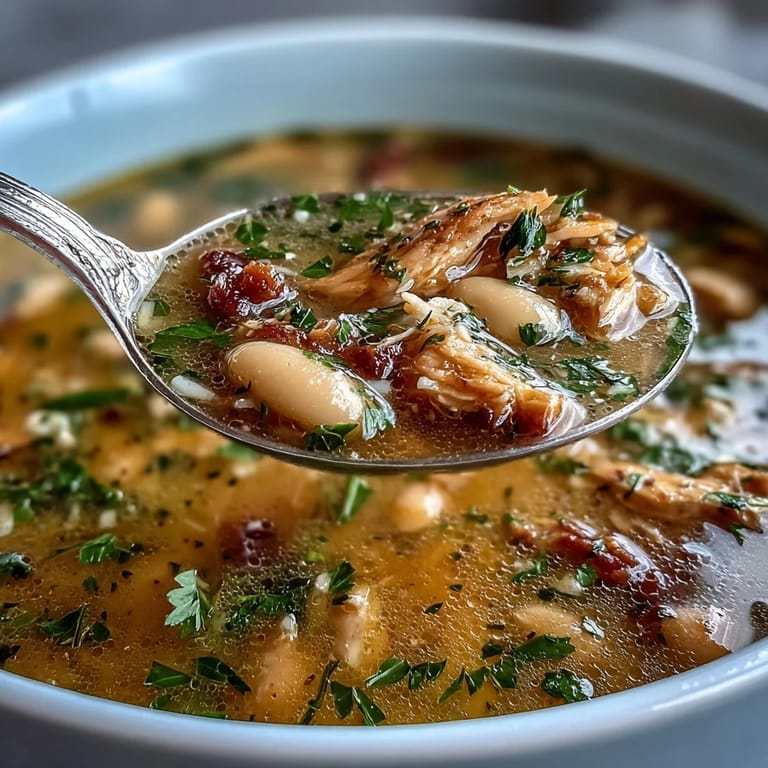 Bowl of smoked turkey and white bean soup garnished with parsley, served alongside crusty bread for a satisfying meal.