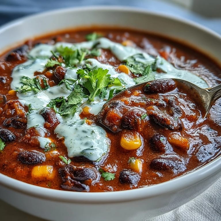 Hearty vegetarian chili filled with black beans, sweet corn, and bold spices, topped with tangy lime crema.
