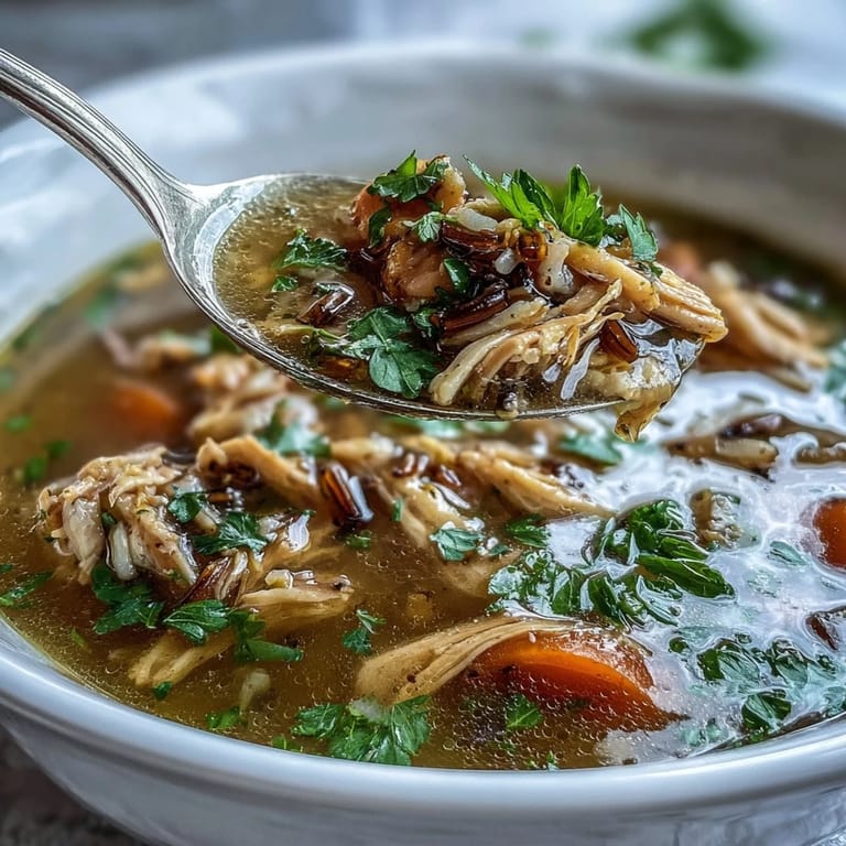 Hearty chicken and wild rice soup loaded with shredded chicken, sliced carrots, and wild rice in a rich, flavorful broth.