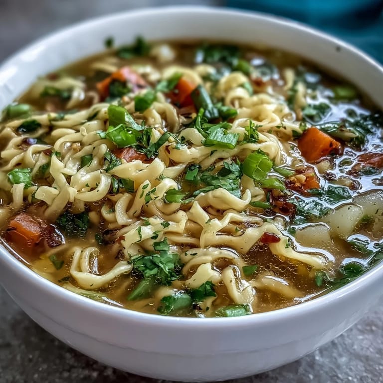 Hearty vegetable noodle soup with diced potatoes, green beans, and aromatic herbs, perfect for warming up on a chilly day.