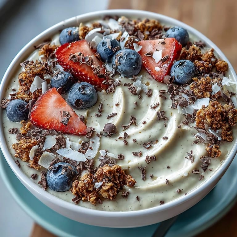 A thick, coffee-infused vanilla smoothie bowl garnished with granola, strawberries, and blueberries, offering a delicious and energizing start to your day.