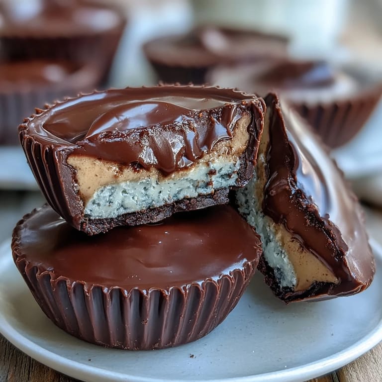 Close-up of protein-packed peanut butter cups with tangy Greek yogurt centers, topped with a glossy dark chocolate layer.