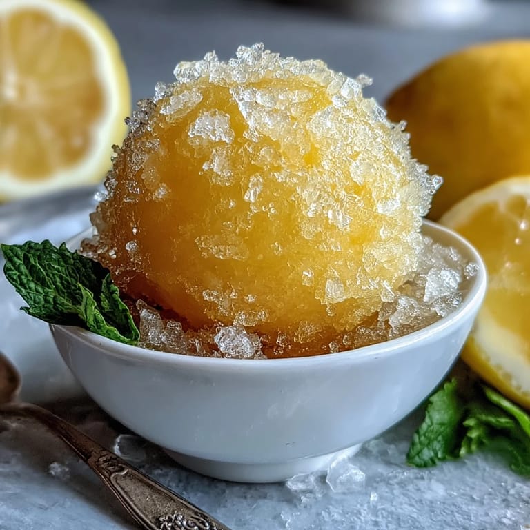 Creamy, zesty limoncello sorbet with bright lemon flavor, served as a light palate cleanser after a rich meal.  