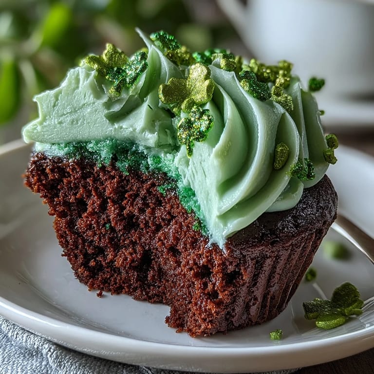 Festive green velvet cupcakes topped with rich vanilla frosting, offering a moist, chocolatey treat for your St. Patrick's Day party.