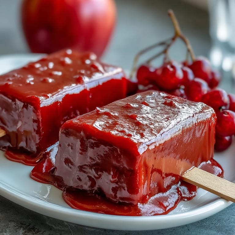 Shiny red candy shell coating tart apples on wooden sticks, a classic sweet treat for parties and holidays.
