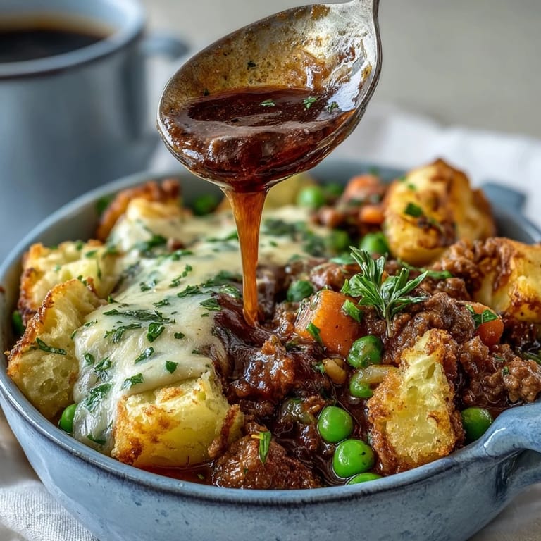 Hearty Shepherd's Pie Soup featuring seasoned ground beef, mixed vegetables, and creamy potatoes in a rich, comforting broth.
