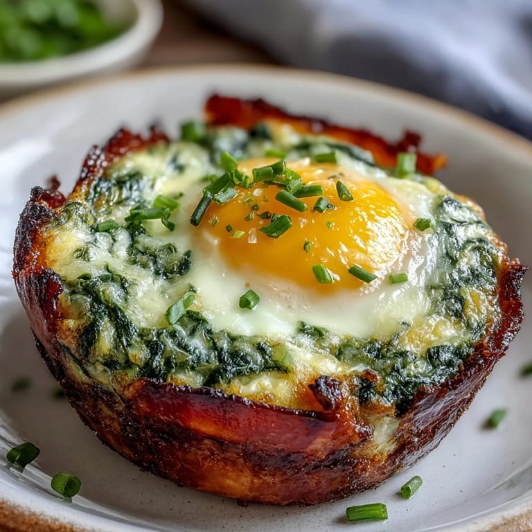 Whimsical breakfast cups filled with spinach-infused eggs, savory ham, and melted cheddar cheese, baked to golden perfection.