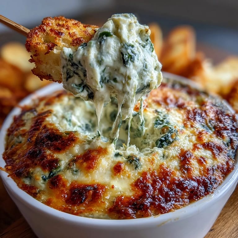 Festive spinach artichoke dip with melted cheese, served warm inside a crusty bread bowl for easy dipping.  