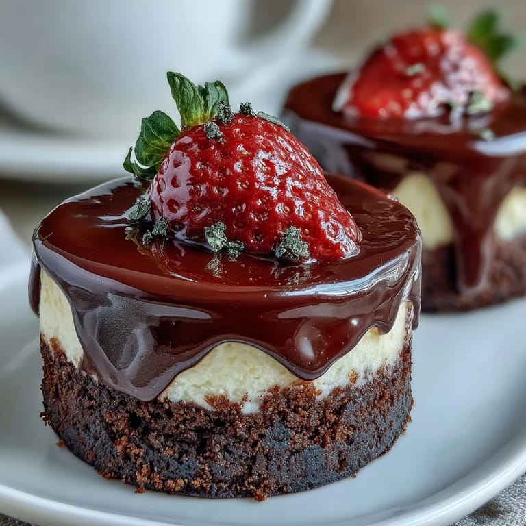 Luxurious mini cheesecake cups inspired by Dubai, featuring smooth cream cheese filling on a chocolate crust, crowned with ripe strawberries and edible gold leaf for elegance.